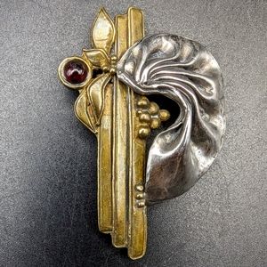 Sterling Silver 925 Two Tone Art Deco Style Brooch, Red Stone, Vintage